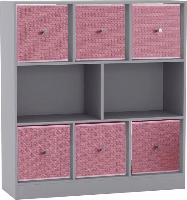 URBNLIVING 8 Cube Bookcase in Grey with 6 Pastel Pink Fabric Storage Drawers