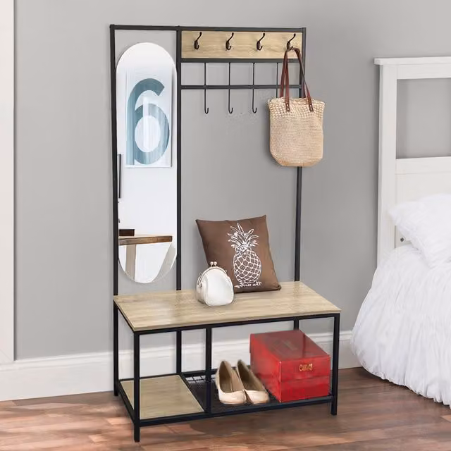 Livingandhome Industrial Hall Tree with Shoe Bench and Mirror in Black