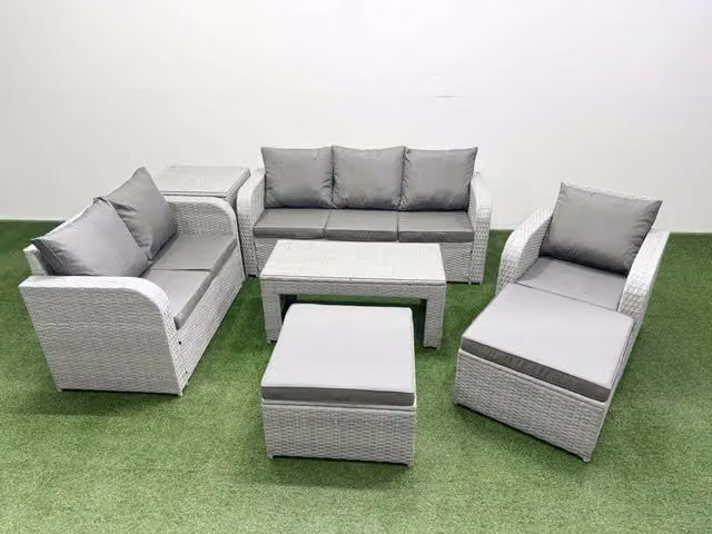 Fimous Patio 8 Seater Grey Rattan Outdoor Furniture Set with Coffee Table, 3 Seater Sofa, Loveseat, Reclining Chairs and Ottoman