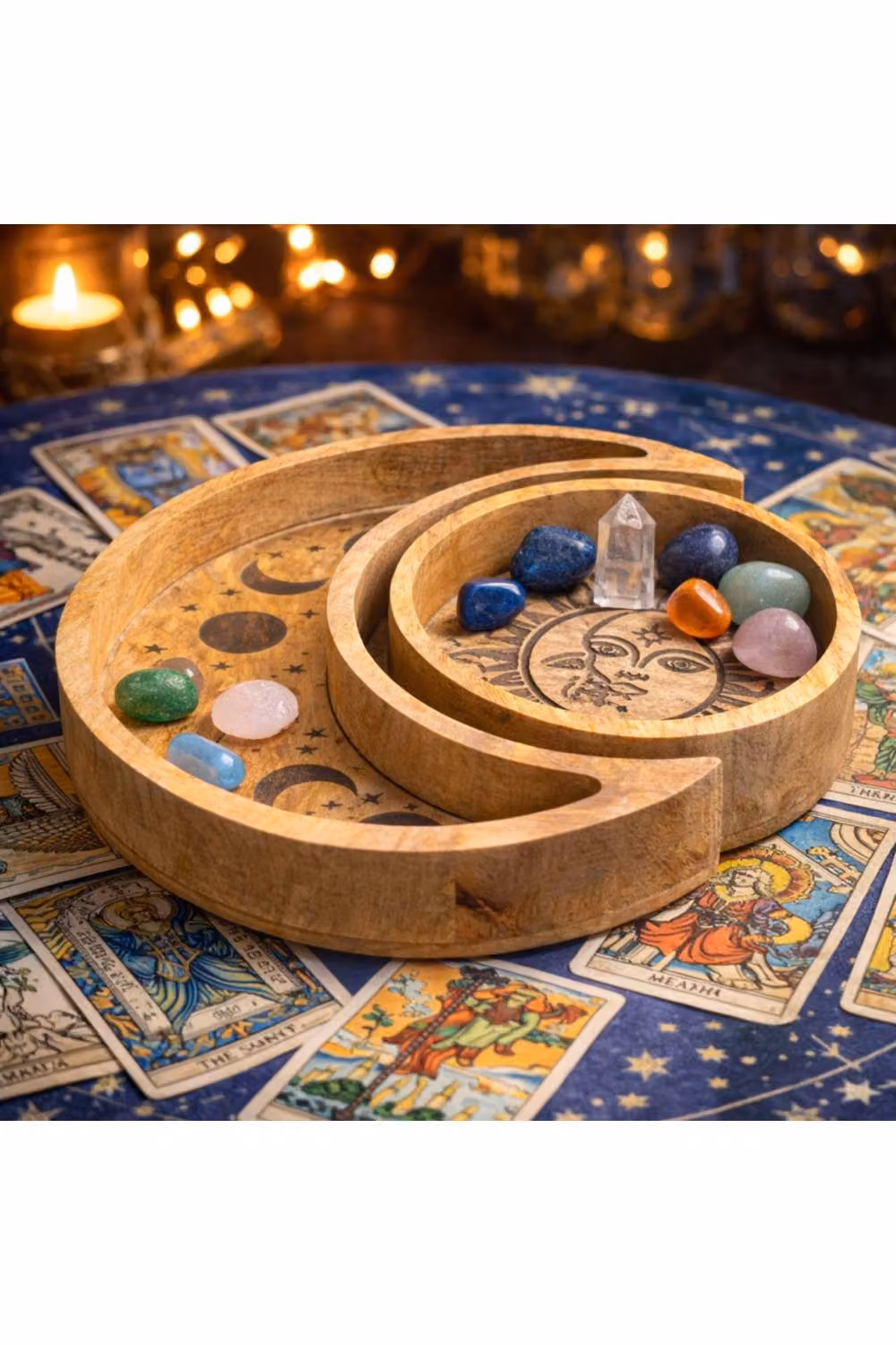 KDMD Moon and Sun Shaped Round Wooden Tray Set in Brown for Jewelry and Candles – 3