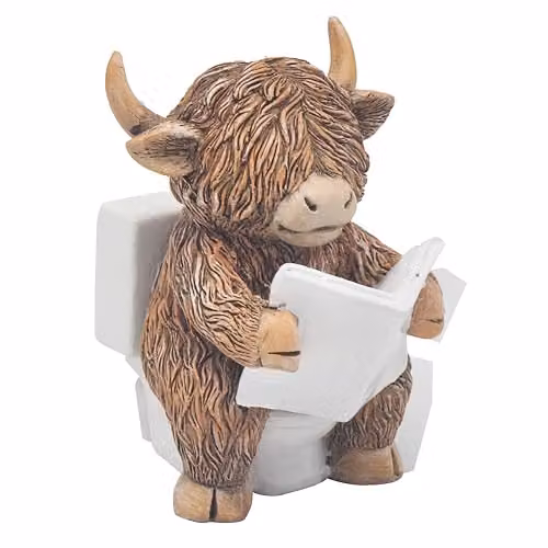 Animal Crackers Hughie Highland Cow Reading The News Figurine by Lesser & Pavey, Brown Multicolour Tabletop Decor