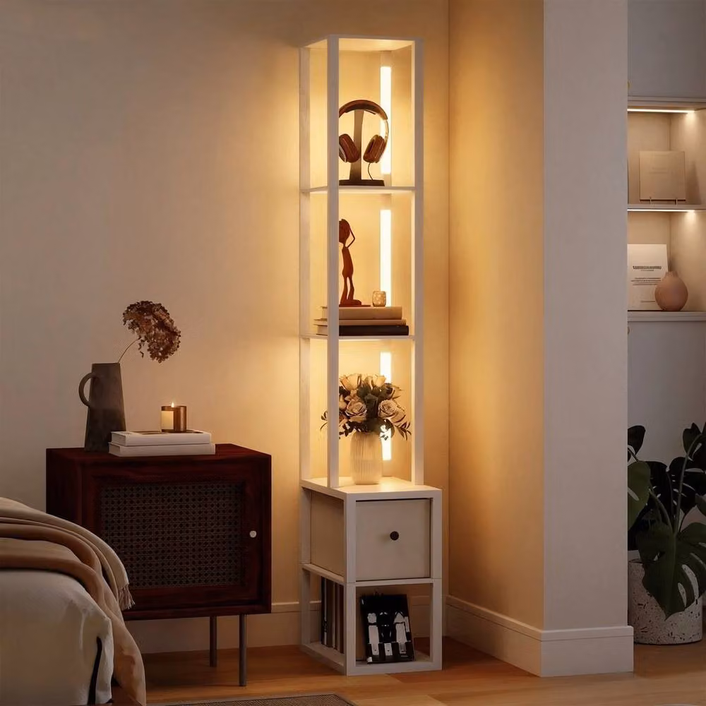 VOGREX White LED Floor Lamp with Shelves and Fabric Drawer, H 169 x W 43.5 x D 26.5 cm – 3