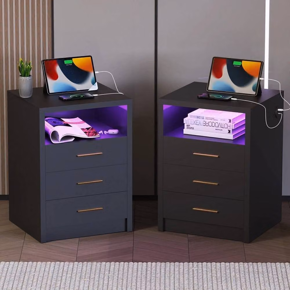 FORGEVIO Modern Black 3-Drawer Bedside Table with Integrated Lighting – 2