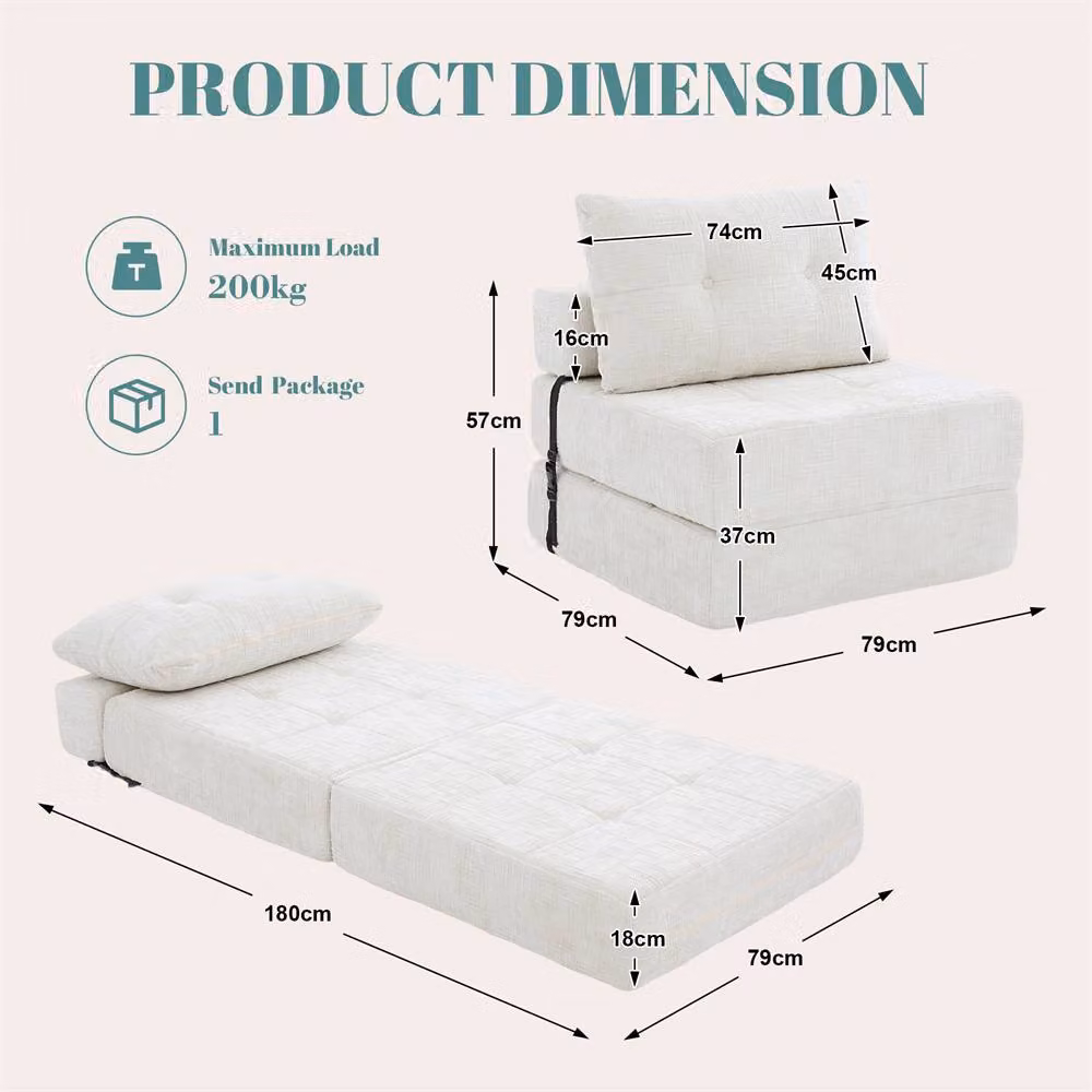 Direct Wicker Light Beige Chenille Tufted Folding Sofa Bed with Pillow and Back Support – 2