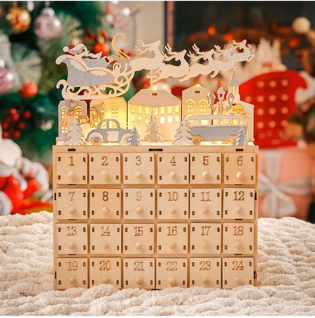 Living and Home Wooden Christmas Advent Calendar with 24 Drawers and LED Lights in Beige – 1