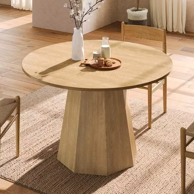 BTM Scandinavian Round Oak Dining Table, 4-6 Seater, Sand and Brown, Diameter: 120 cm