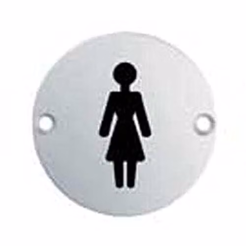 Loops Female Symbol Bathroom Door Sign, Brushed Silver Satin Anodised Aluminium, Diameter: 7.6 cm