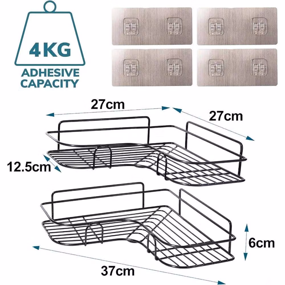 VOGREX 2 Pack Black Stainless Steel Self Adhesive Corner Shower and Kitchen Storage Caddy – 2
