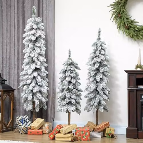 HOMCOM Set of 3 Flocked Slim Downswept Christmas Trees in White and Green, H: 91 cm, H: 122 cm, H: 152 cm – 6