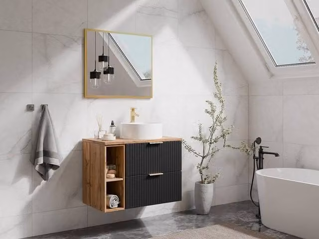 Vente-unique Suspended Striped Bathroom Vanity Unit with Niches and Round Design in Black and Gold