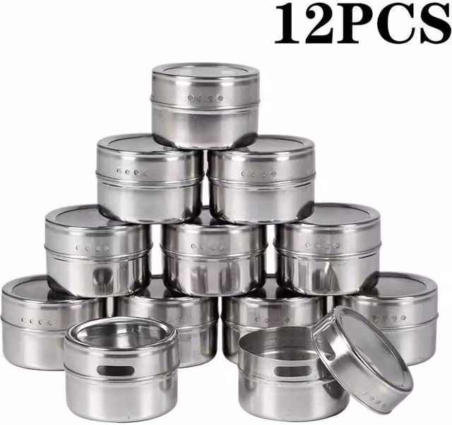 Kelvenix 12-Piece Stainless Steel Magnetic Spice Jar Set in Silver with Transparent Lids