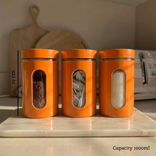 Premier Housewares Set of Three Airtight Glass Storage Jars with Orange and Yellow Lids – 2