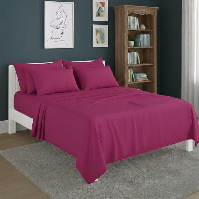 Snug City Plain Poly Cotton Easy Care Fitted Sheet and Matching Pillowcase Set in Pink, Double, W: 140 cm, L: 200 cm