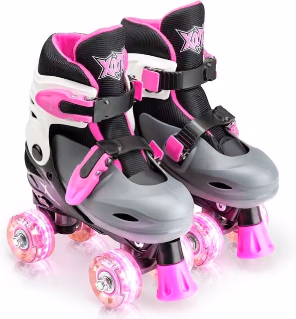 Xootz Kids LED Quad Roller Skates in Pink with Height Adjustment and Brake