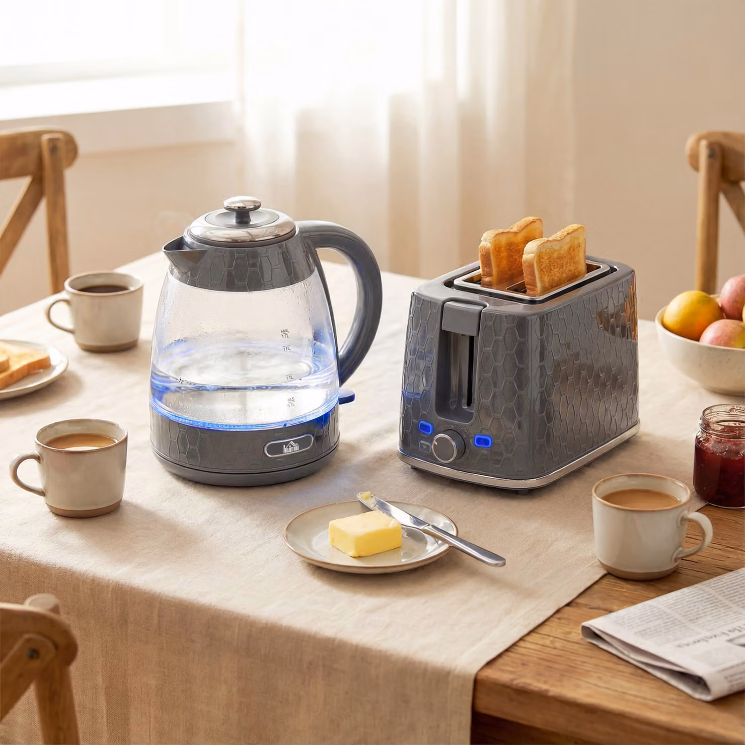HOMCOM Kettle and Toaster Set in Grey, featuring a 1.7 l Rapid Kettle with Limescale Filter and a 2-Slice Toaster – 2