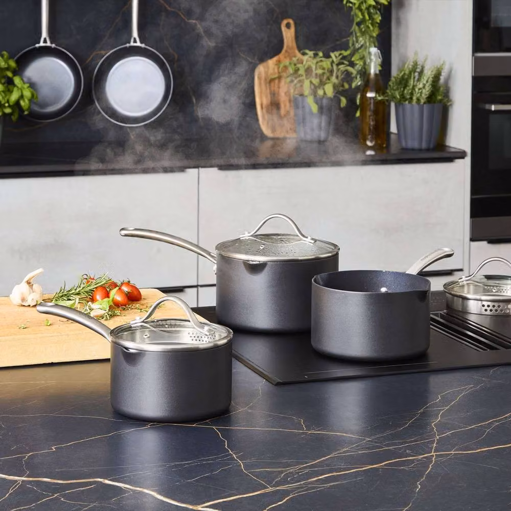 Morphy Richards Mastery 3 Piece Non-Stick Aluminium Pan Set with Lids in Black – 3