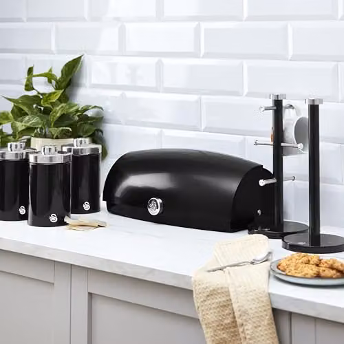 Swan Townhouse Bread Bin with 16L Capacity and Set of 3 Airtight Storage Canisters, 1.3L Each, Black – 4