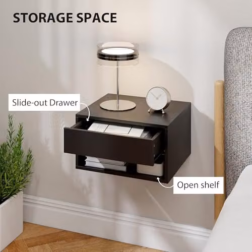 HOMCOM Set of 2 Black Wall Mounted Floating Nightstands with Drawer and Open Shelf – 6