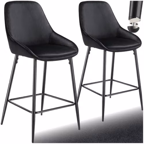 tectake Set of 2 Siera Bar Stools with Velvet-Look Covers in Black