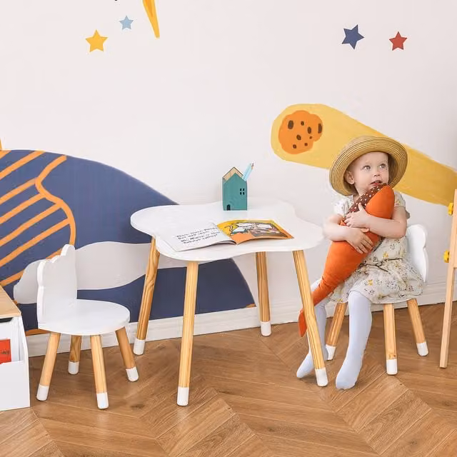 HOMCOM 3-Piece Kids Table and Chair Set with 2 Bear-Shaped Chairs in White