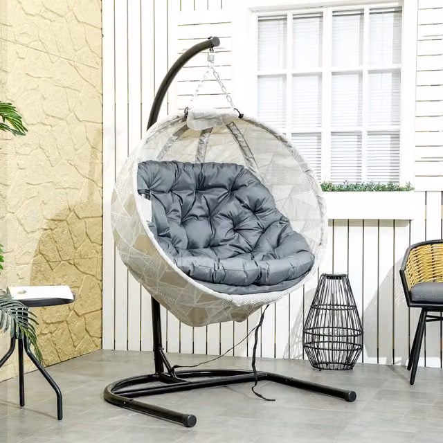 Outsunny Hanging Egg Swing Chair with Folding Basket in Grey
