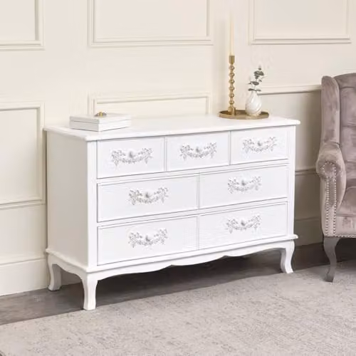 Melody Maison Pays Blanc Antique White and Gold 7 Drawer Chest of Drawers W/D/H: 120 x 42 x 76 cm