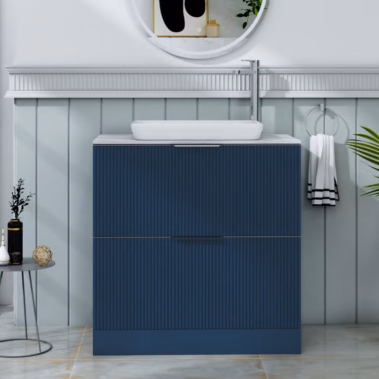 Royal Bathrooms Evora Midnight Blue Fluted Floor Standing Vanity Unit with Qubix Basin and 2 Drawers, Width: 80 cm