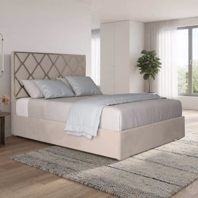 KDMD Tredington King Size Upholstered Velvet Designer Bed Frame in Beige with Metal Details, W/D/H: 180 x 200 x 127 cm