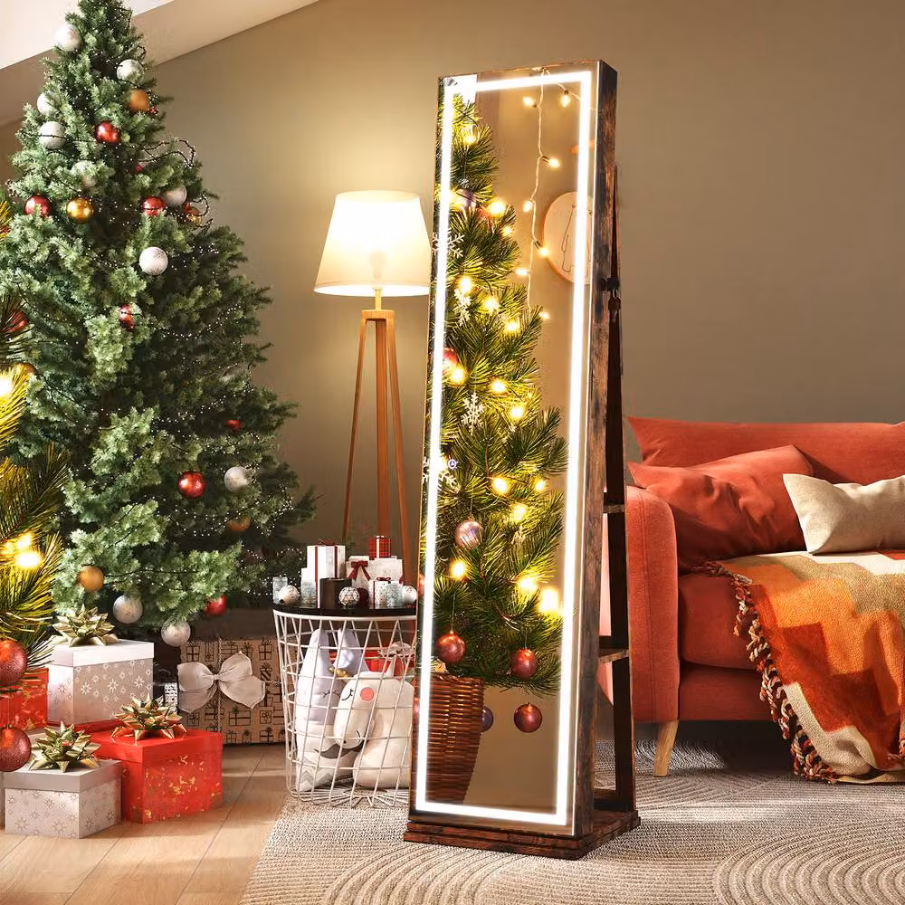 Costway 360 Swivel Freestanding Jewelry Cabinet and Storage Organiser in Brown with LED Lighting and Mirror – 4