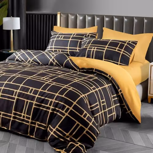 Pamposh Single Reversible Microfibre Duvet Cover Set in Gold and Black, W/D/H: 135 x 200 cm with 50 x 75 cm Pillowcase – 1