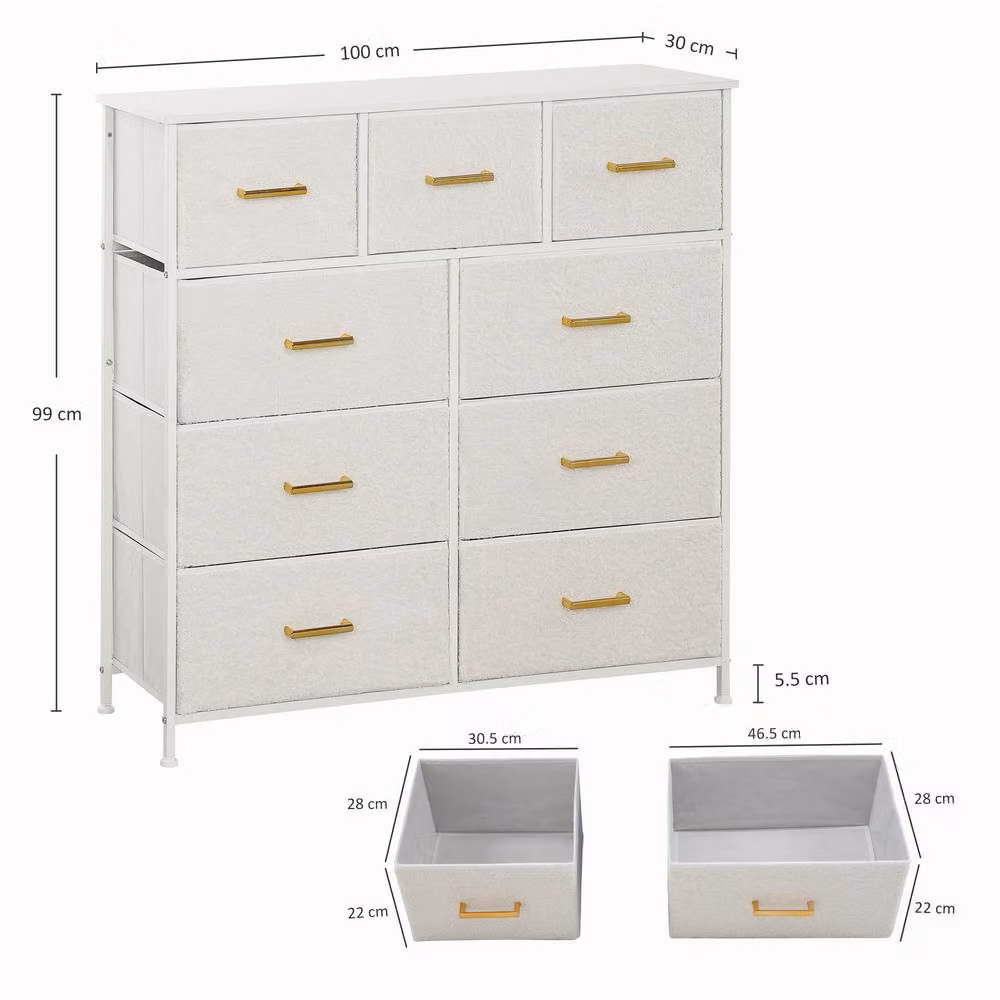 STILVORA Modern 9-Drawer Chest of Drawers with Steel Frame in Beige and Gold – 2