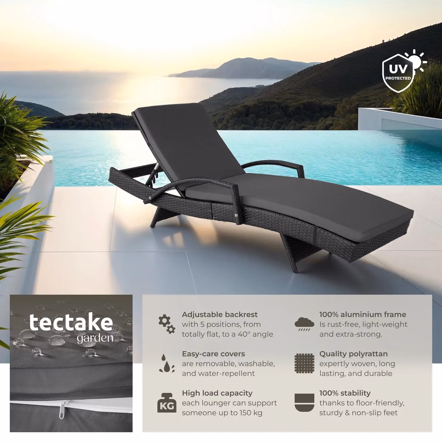 tectake Océane 1 Seater Aluminium Rattan Sun Lounger in Black and Grey with Adjustable Headrest – 2