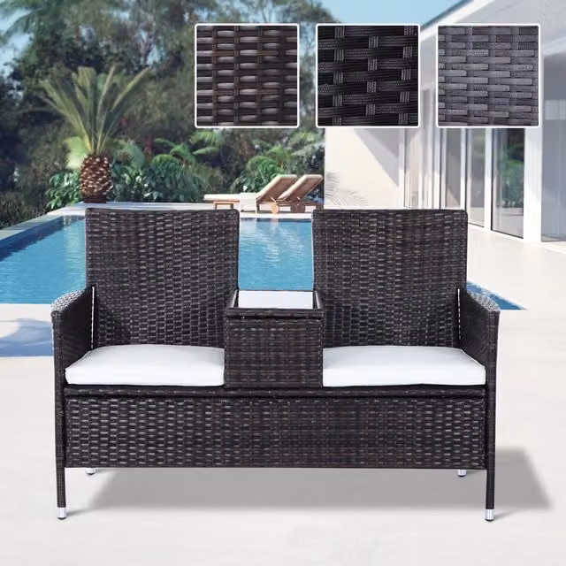 Outsunny Grey PE Rattan Duo Seat Table and Bench Set with Padded Cushions