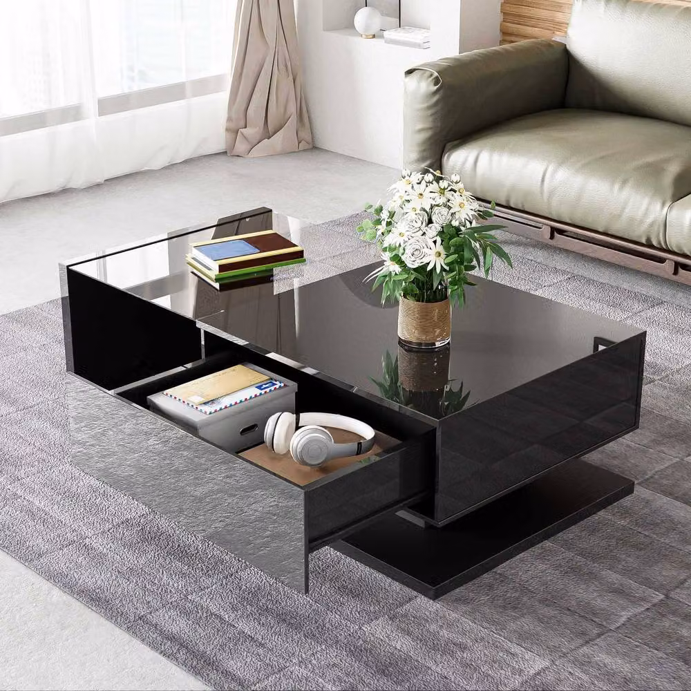 STILVORA Modern Black Coffee Table with LED Storage and Glass Top, W: 105.0 cm, D: 55.0 cm, H: 32.5 cm – 4