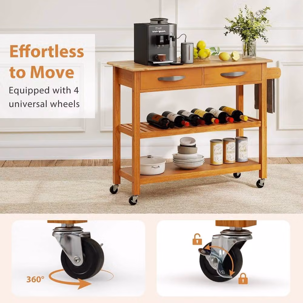VOGREX 3-Tier Rolling Kitchen Cart with 2 Drawers in Rustic Brown Wood – 4