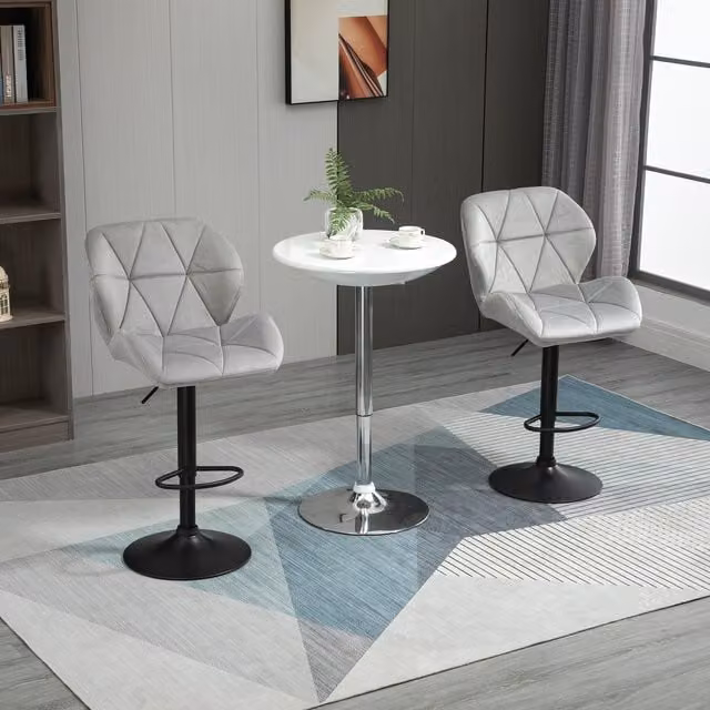HOMCOM Set of 2 Adjustable Counter Chairs in Light Grey Velvet with Metal Frame
