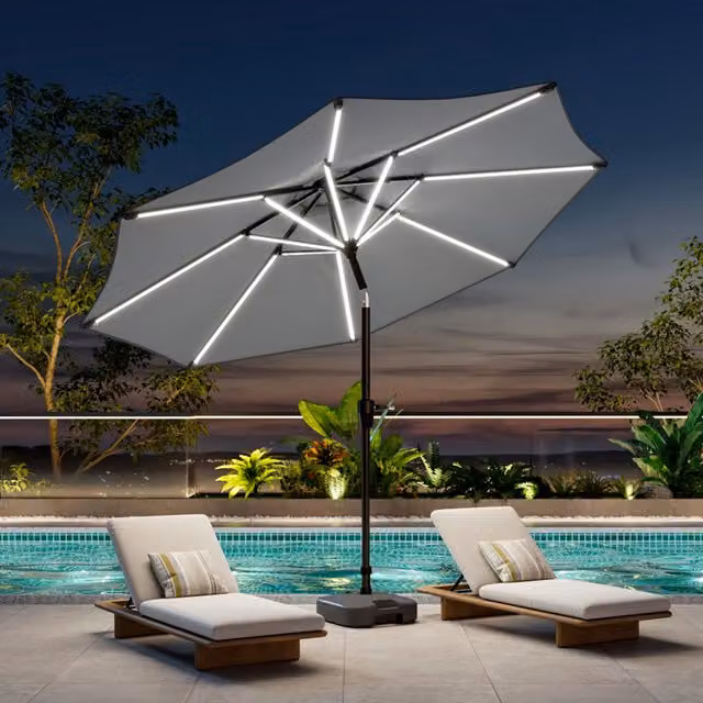 Breeins Modern Outdoor Parasol with LED Strips and Fillable Plastic Base in Light Grey
