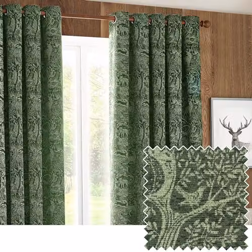 Riva Home Winter Woods Chenille Eyelet Curtains, Green, 2 Panels, Width: 229 cm, Drop: 183 cm – 1