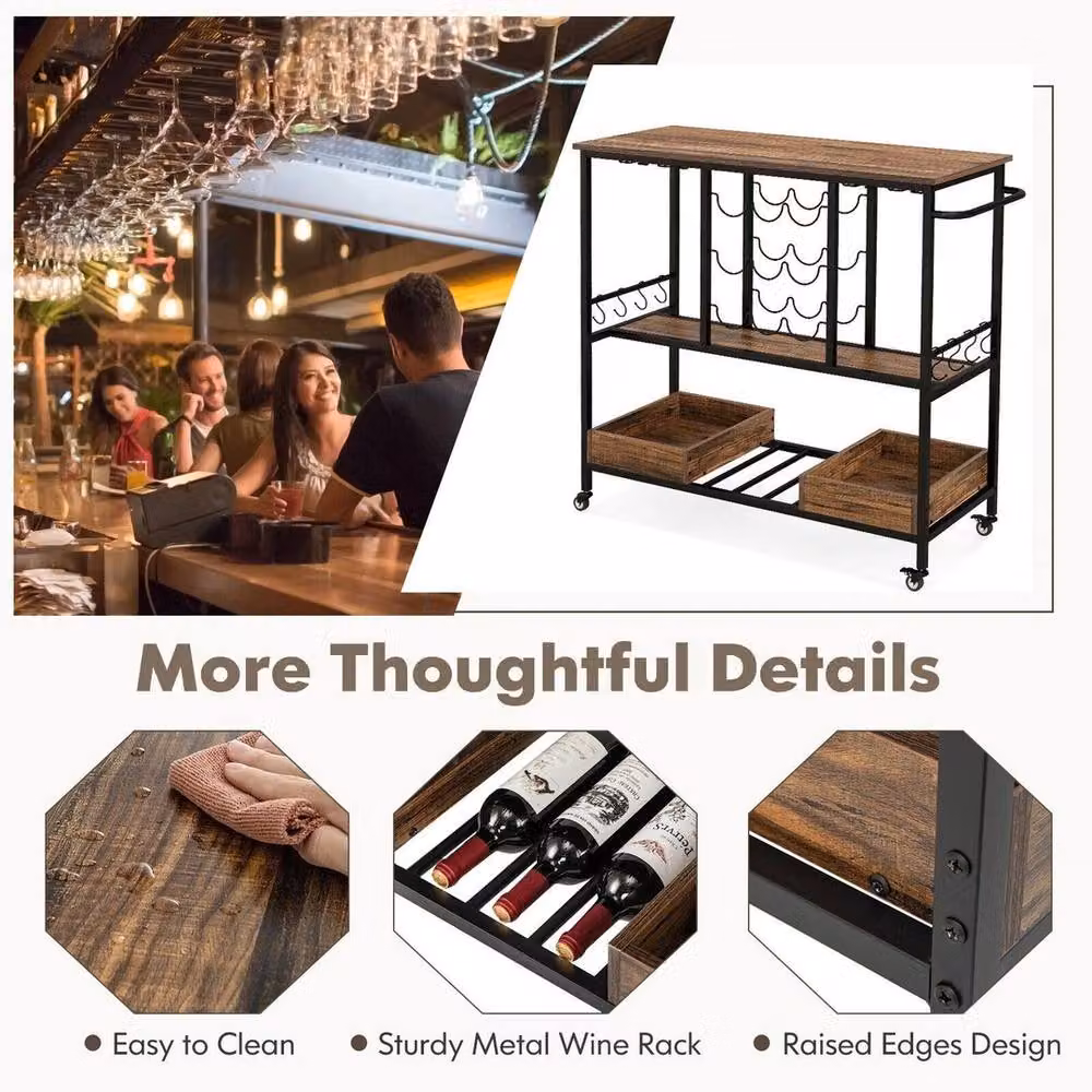 VOGREX Industrial 3-Tier Rolling Bar Serving Cart in Brown with Metal and Glass Finish – 6