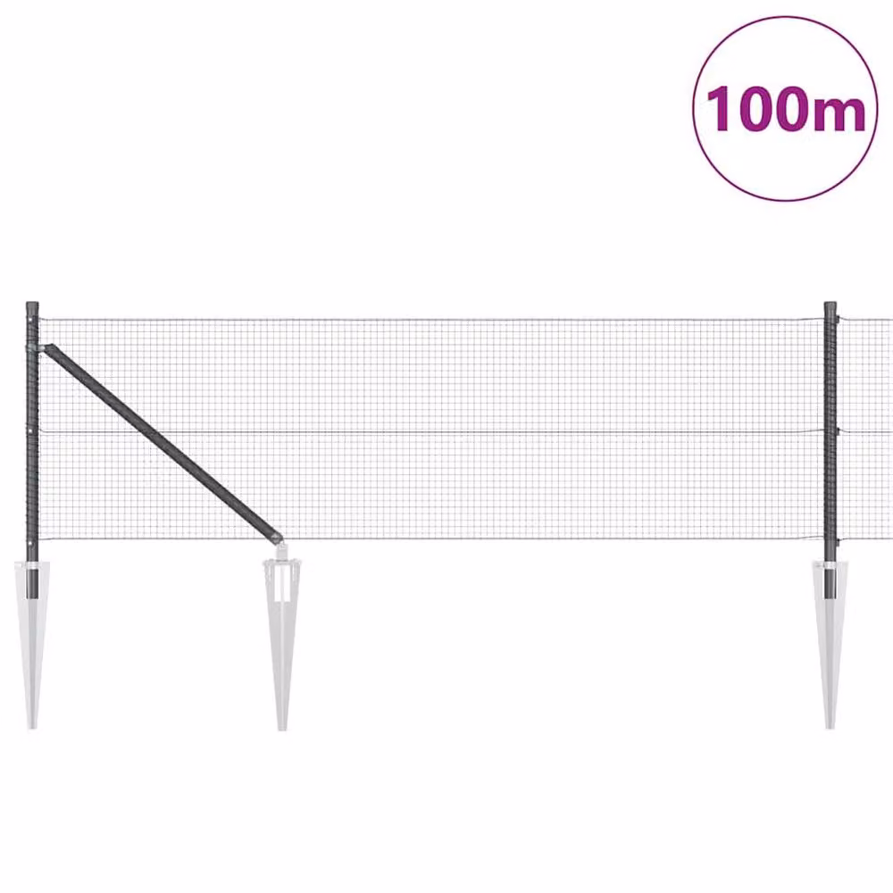 Berkfield Home Grey Steel Welded Wire Fence with 13 In-Ground Spike Posts, W: 100 m, H: 0.8 m – 2