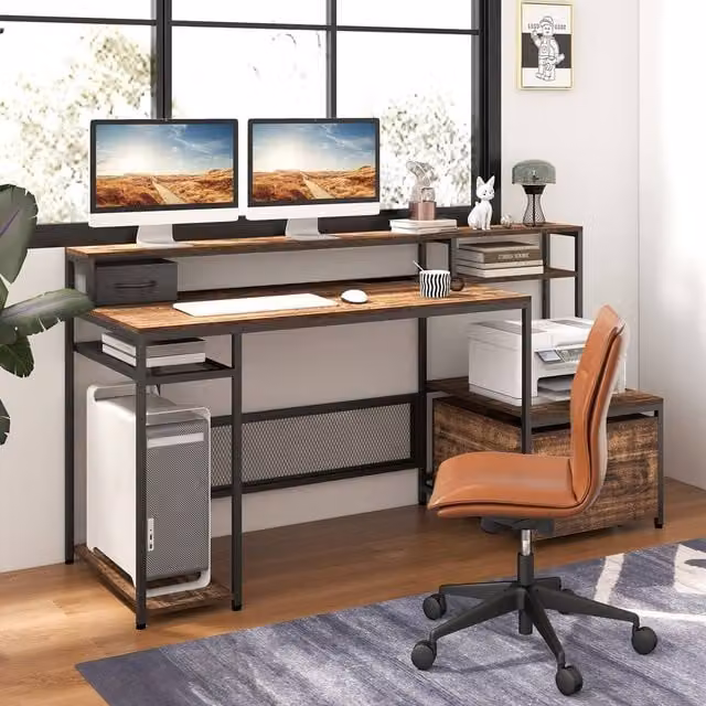 Costway Computer Desk with Monitor Stand and Power Outlets, Brown