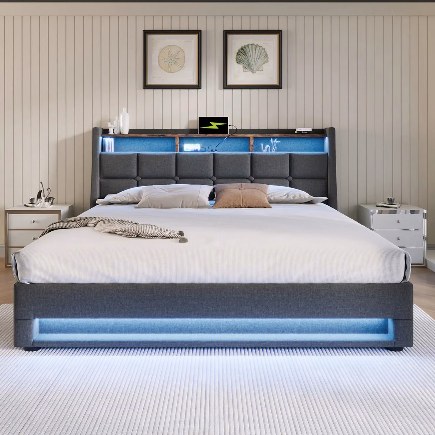 Matteo Upholstered King Size Storage Bed Frame in Grey with Metal Slatted Frame and USB Charging Port, W: 150 cm, D: 200 cm, H: 117 cm – 8