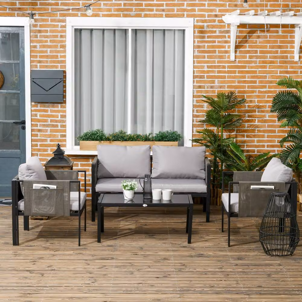 ERGOVEXA 4 Piece Metal Garden Furniture Set with Tempered Glass in Light Grey – 3