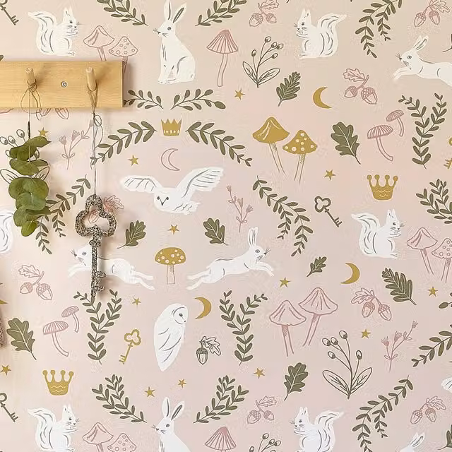 Hibou Design Woodland Wonders Non-Woven Floral and Animal Wallpaper in Pink and Green