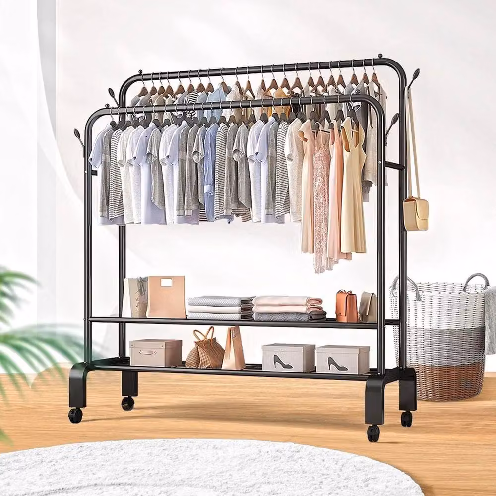 FORGEVIO Black Metal Clothes Rack with Wheels and Bottom Shelves, H 162 x W 150 x D 52 cm – 3