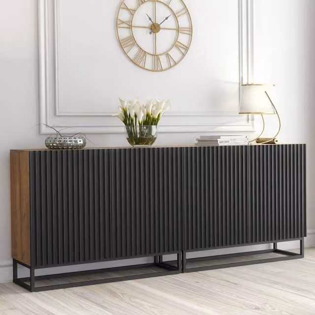 Mex Furniture LTD Ripple Duo Sideboard in Dark Brown with Oak and Black Fluted Doors, W: 200 cm, H: 80 cm, D: 35 cm