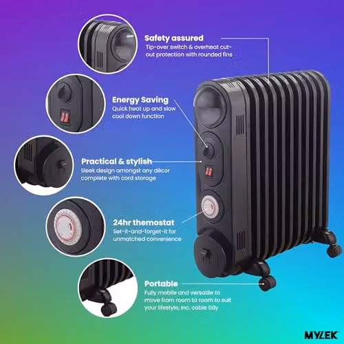 Mylek 2500W Oil Filled Radiator Heater in Black, Freestanding Metal Electric Heater with Thermostat and 24hr Timer, H: 69 cm, W: 59 cm, D: 59 cm – 2