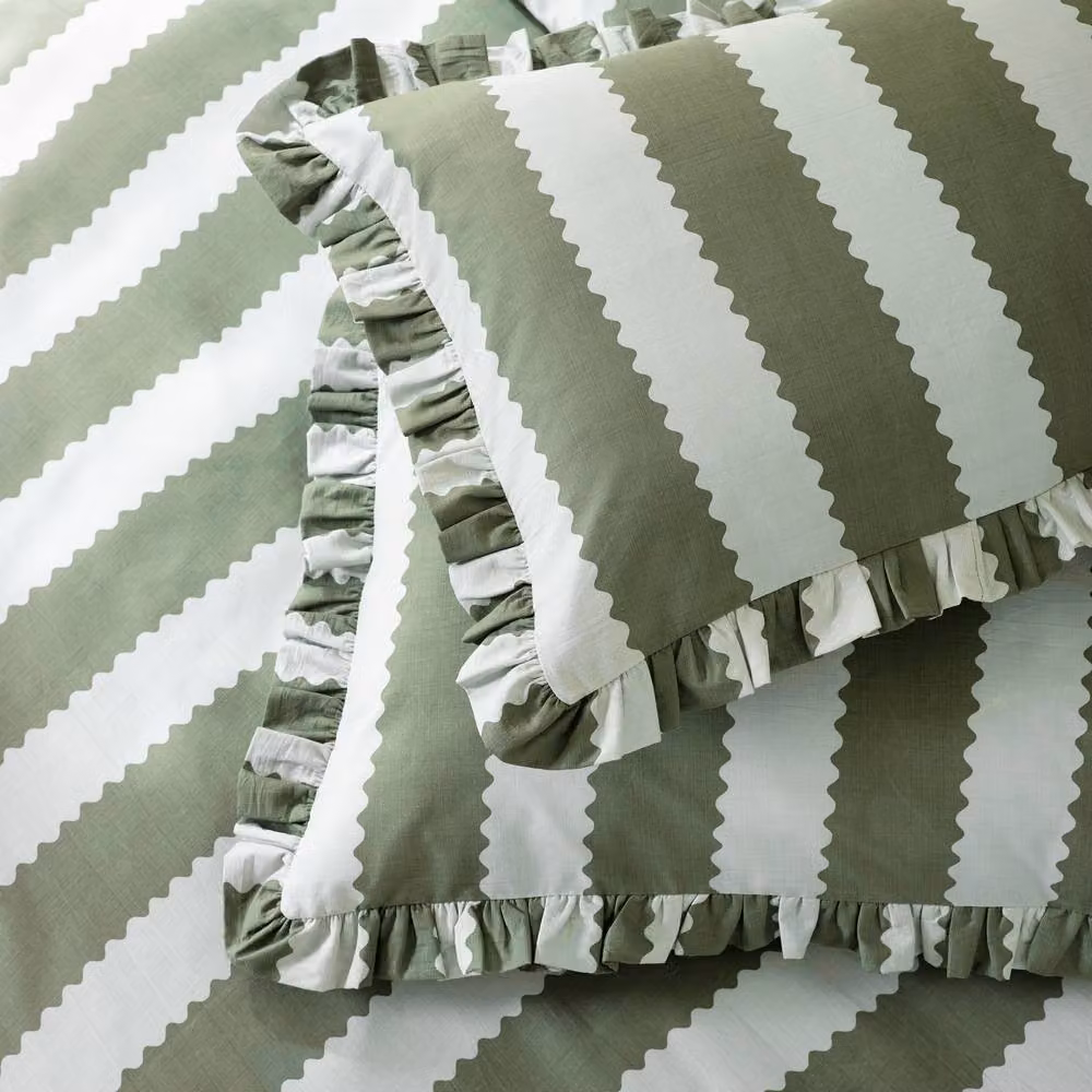 Furn Birdie Stripe Ruffle Cotton Duvet Cover Set in Green, Single, W: 90 cm, H: 200 cm – 3