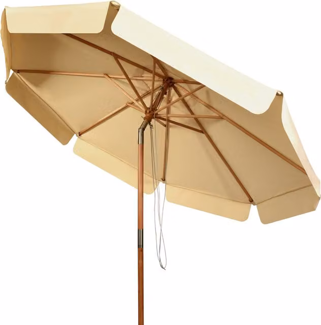 COSTWAY Adjustable Patio Parasol in Beige and Yellow with Beech Wood Frame and Polyester Canopy