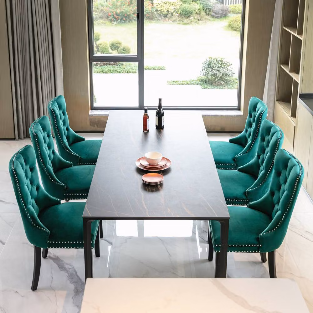 HomeTouch Romsey Set of 6 Velvet Upholstered Dining Chairs with Oak Legs and Knocker Ring Back in Dark Green – 2